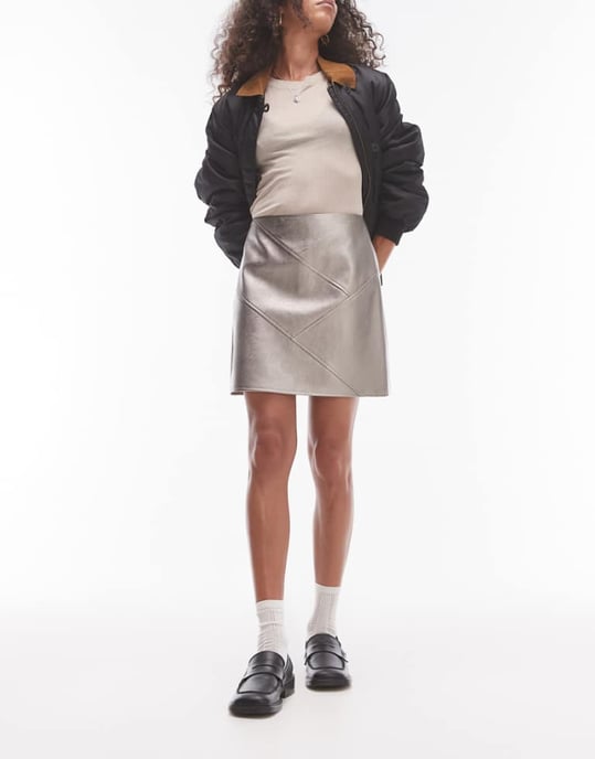 Topshop faux leather panelled seam pelmet skirt in metallic gunmetal - Image 1