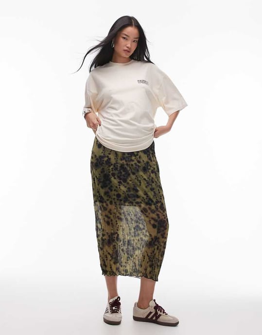 Topshop crinkle jersey midaxi skirt in green smudge print - Image 1