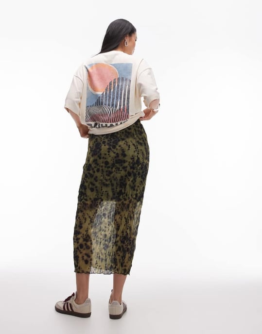 Topshop crinkle jersey midaxi skirt in green smudge print - Image 4