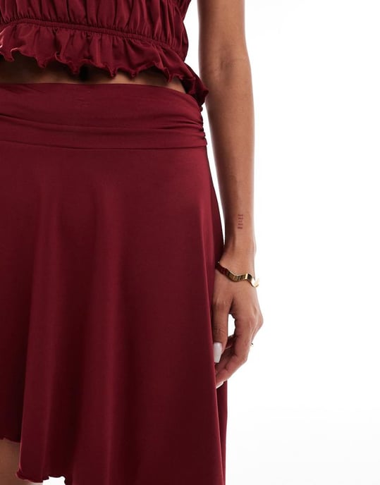 ASOS DESIGN shirred asymmetric skirt co-ord in wine - Image 2