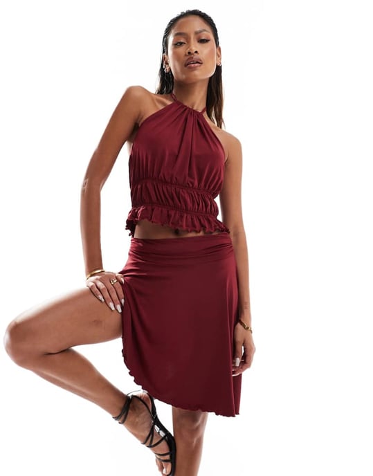 ASOS DESIGN shirred asymmetric skirt co-ord in wine - Image 4