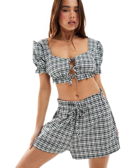 ASOS DESIGN short with ruffle detail in mono gingham co-ord - Image 3