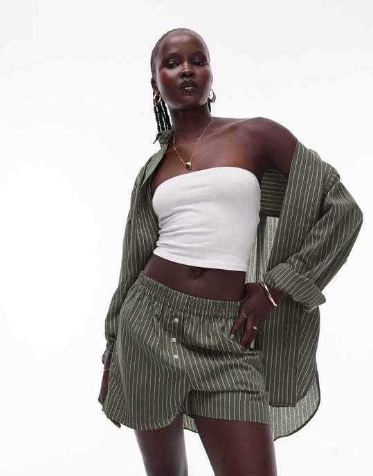 Topshop – Kakifärgade randiga shorts med pull-on-shorts, del av set - Image 2