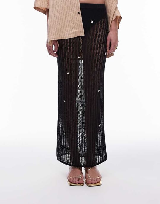 Topshop – Svart, stickad, skir, stickad kjol med sjöstjärnor - Image 3