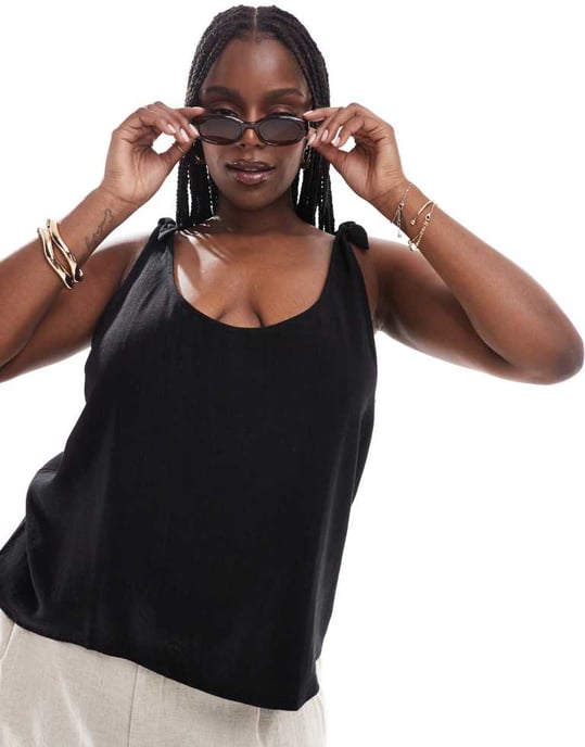 ASOS DESIGN Curve linen look cami with tie straps in black - Image 2