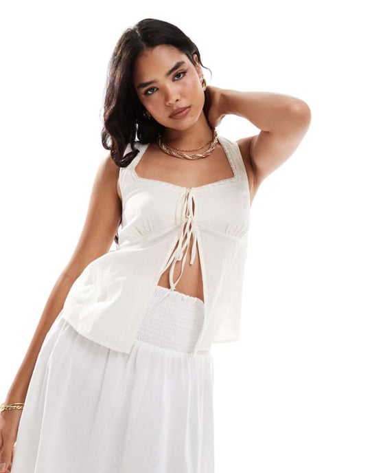 ASOS DESIGN cotton cami top with front ties in white - Image 1