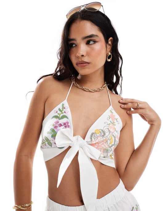 ASOS DESIGN embroidered floral tie front cami co-ord in white - Image 1