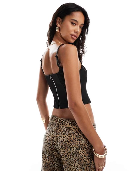 Kaiia exclusive lace trim cami top in black - Image 3