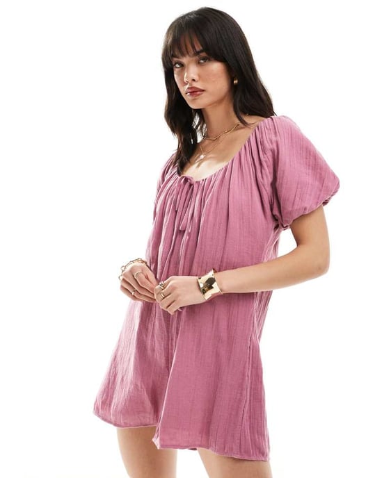 ASOS DESIGN short sleeve romper playsuit with bead detailing in mauve - Image 4