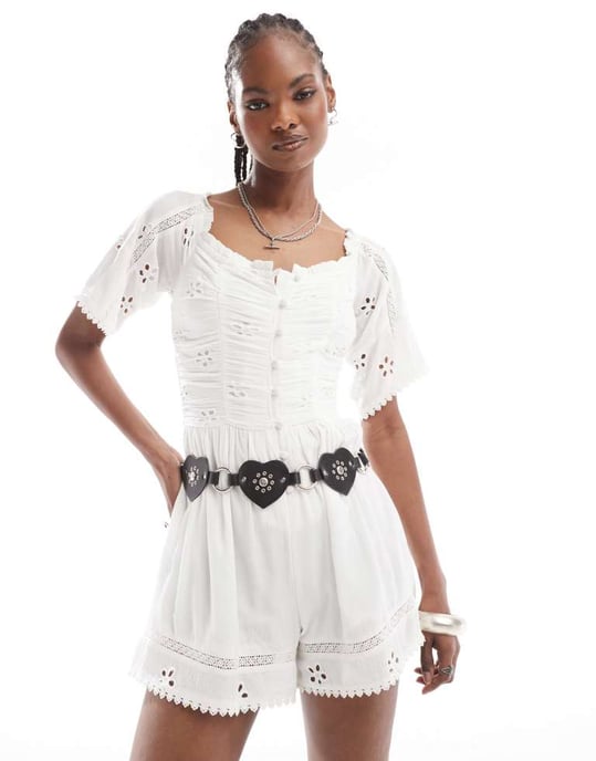Reclaimed Vintage western playsuit with broderie and lace inserts in ivory - Image 4