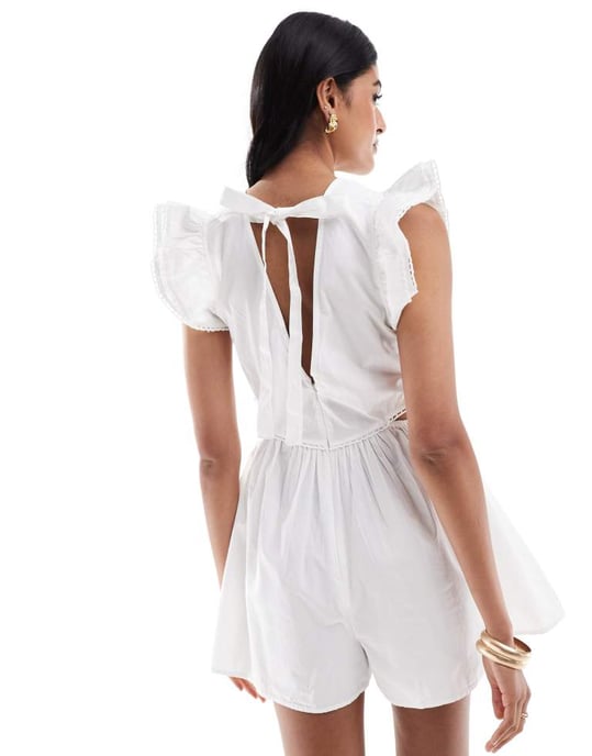 ASOS DESIGN cut out waist ruffle sleeve playsuit in white - Image 4