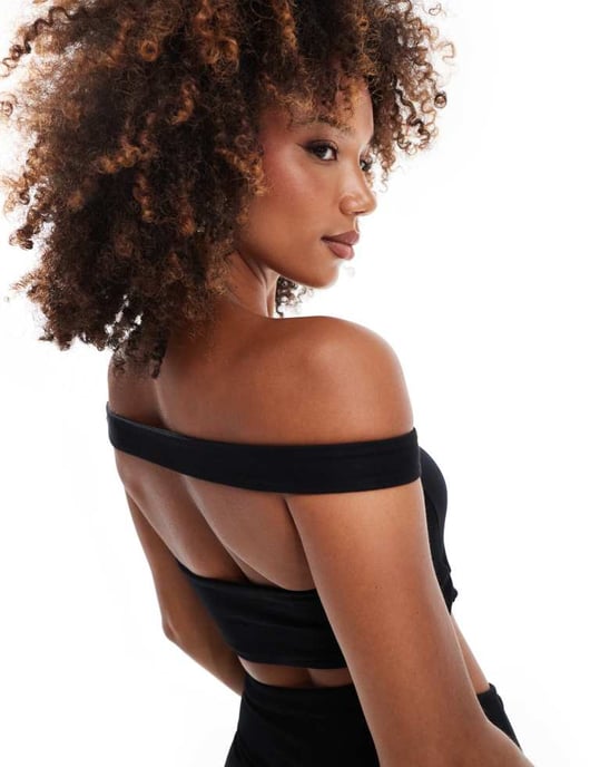 ASOS DESIGN slash neck bandeau jumpsuit with cut out details and wide leg in black - Image 2
