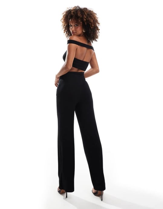 ASOS DESIGN slash neck bandeau jumpsuit with cut out details and wide leg in black - Image 4