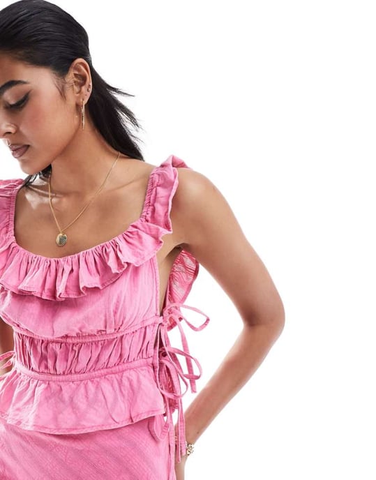 ASOS DESIGN textured ruffle top with side tie detail co-ord in pink - Image 1