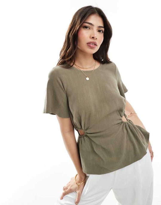 ASOS DESIGN linen look tee with cut out in khaki - Image 1