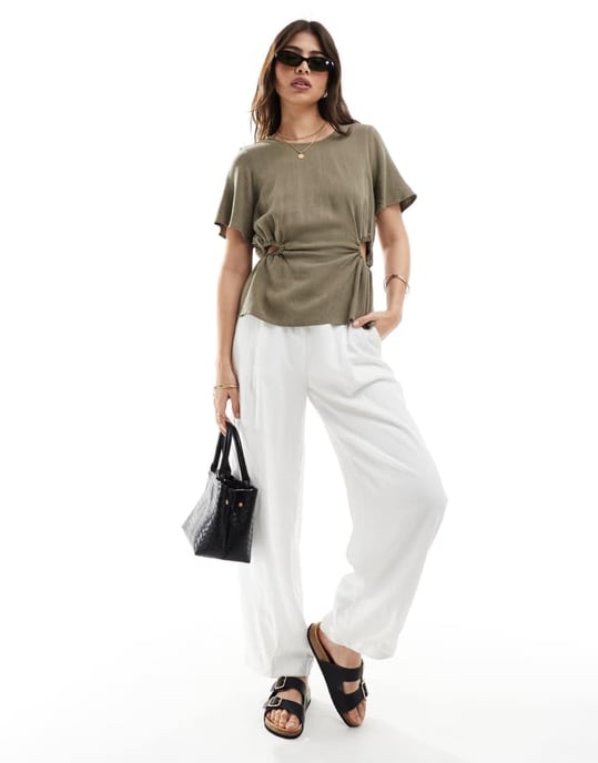 ASOS DESIGN linen look tee with cut out in khaki - Image 3