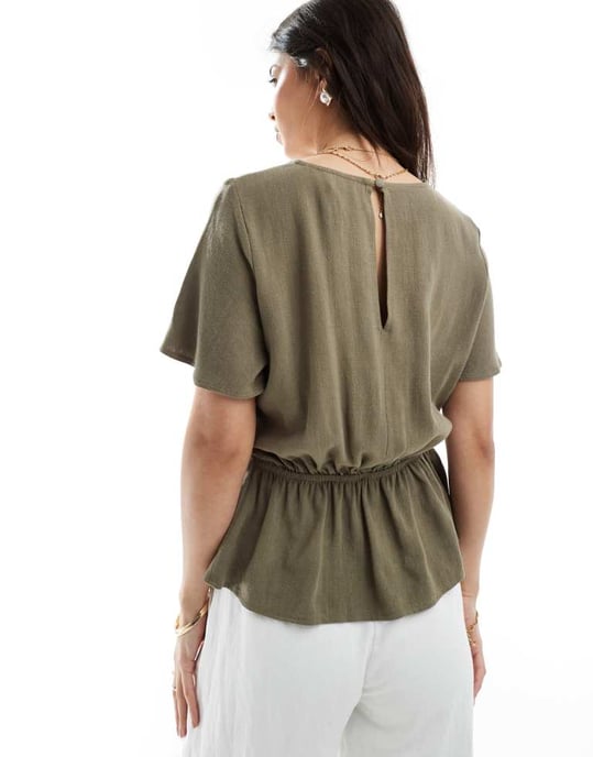 ASOS DESIGN linen look tee with cut out in khaki - Image 4