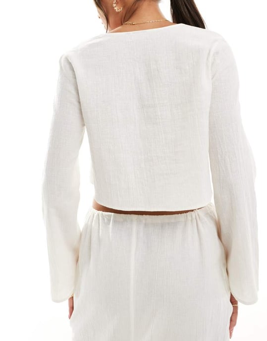 ASOS DESIGN Kayla mix and match long sleeve tie front beach top in white - Image 4