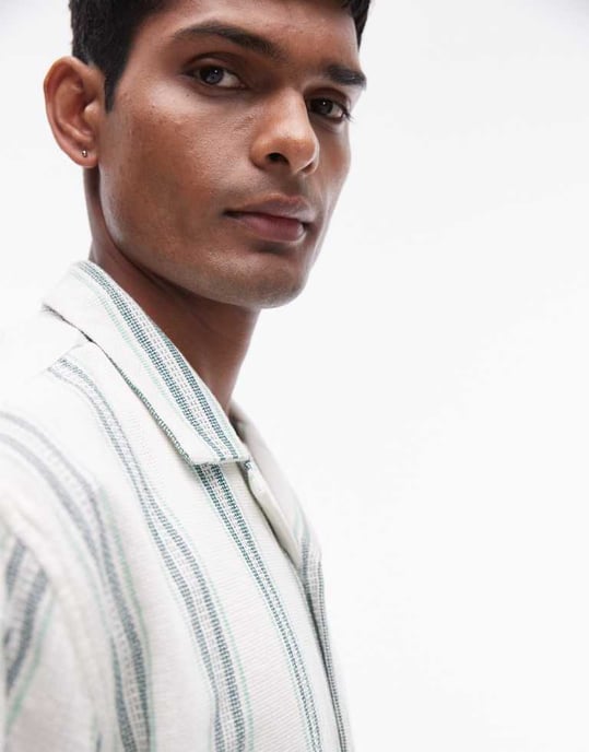 Topman – Grön, virkad randig skjorta med kort ärm - Image 2