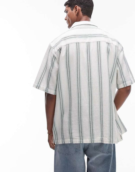 Topman – Grön, virkad randig skjorta med kort ärm - Image 3