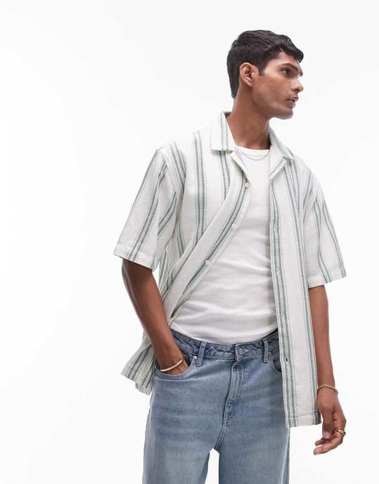 Topman – Grön, virkad randig skjorta med kort ärm - Image 4