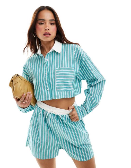 ASOS DESIGN cropped shirt with contrast collar in green stripe co-ord - Image 1