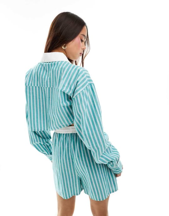 ASOS DESIGN cropped shirt with contrast collar in green stripe co-ord - Image 3
