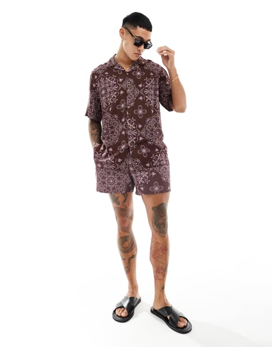 ASOS DESIGN co-ord relaxed revere shirt with bandana print in burgundy - Image 3