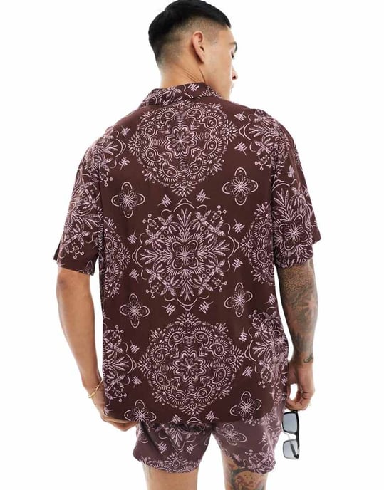ASOS DESIGN co-ord relaxed revere shirt with bandana print in burgundy - Image 4