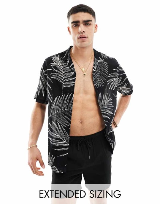 ASOS DESIGN relaxed revere shirt with leaf print in black - Image 1