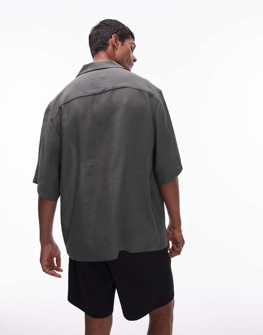 Topman – Khakifärgad kortärmad skjorta i avslappnad satin - Image 4