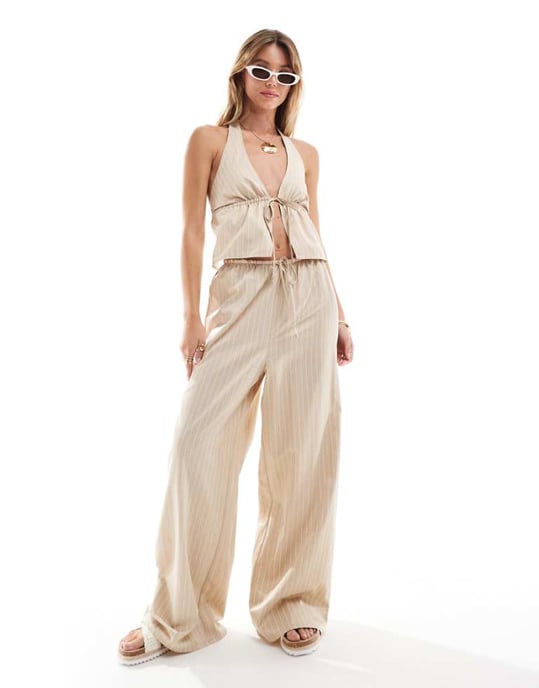 Miss Selfridge poplin relaxed wide leg trouser in beige pinstripe co ord - Image 1