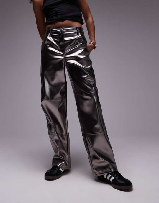 Topshop straight leg metallic faux leather trouser in gunmetal - Image 1