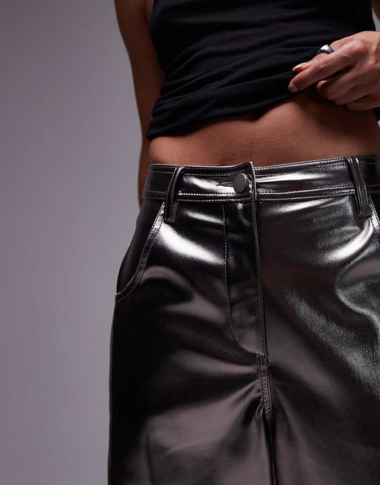 Topshop straight leg metallic faux leather trouser in gunmetal - Image 2