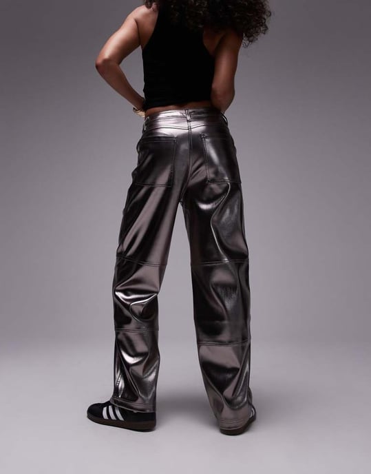 Topshop straight leg metallic faux leather trouser in gunmetal - Image 3