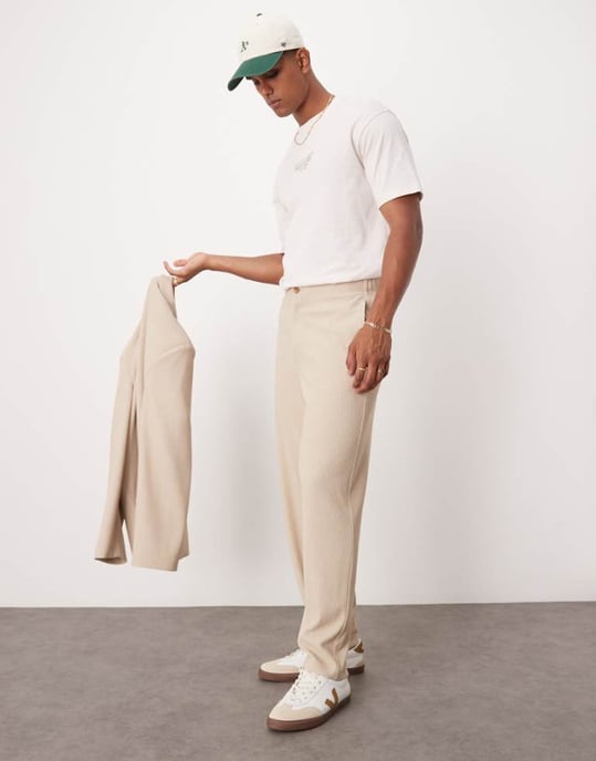 ASOS DESIGN rib texture barrel leg suit trouser in stone - Image 1
