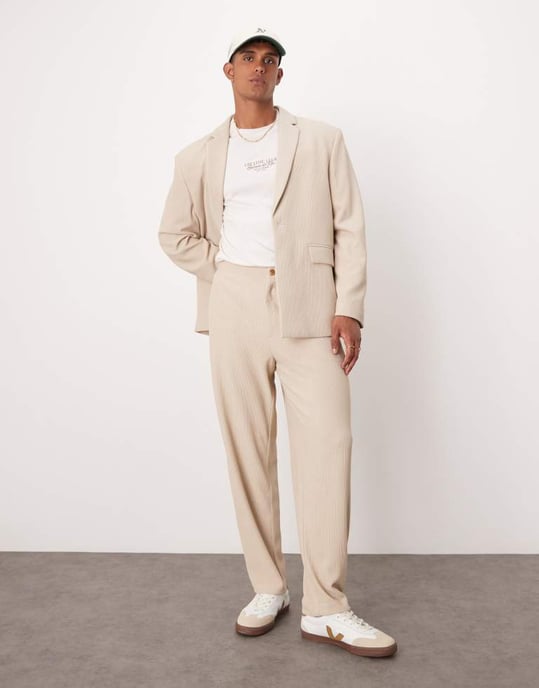 ASOS DESIGN rib texture barrel leg suit trouser in stone - Image 3