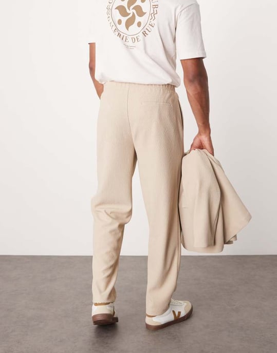 ASOS DESIGN rib texture barrel leg suit trouser in stone - Image 4