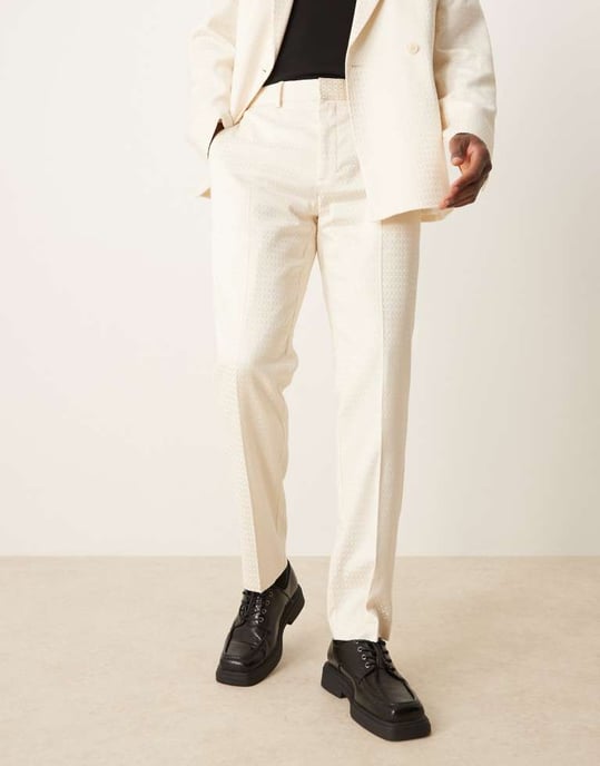 ASOS DESIGN slim suit trousers in cream geo jacquard - Image 2