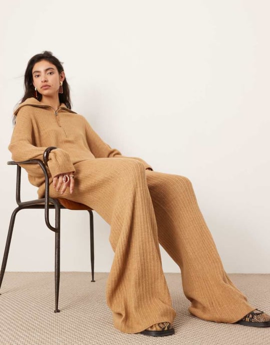 ASOS EDITION knitted rib wide leg trouser co-ord in camel - Image 1