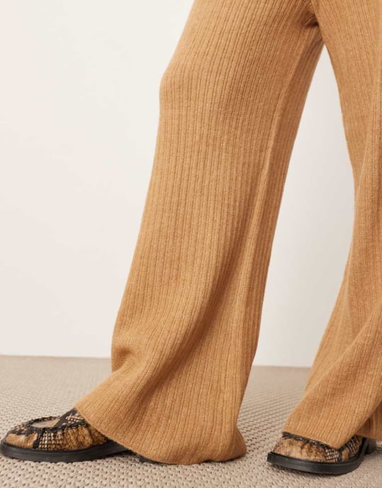 ASOS EDITION knitted rib wide leg trouser co-ord in camel - Image 2