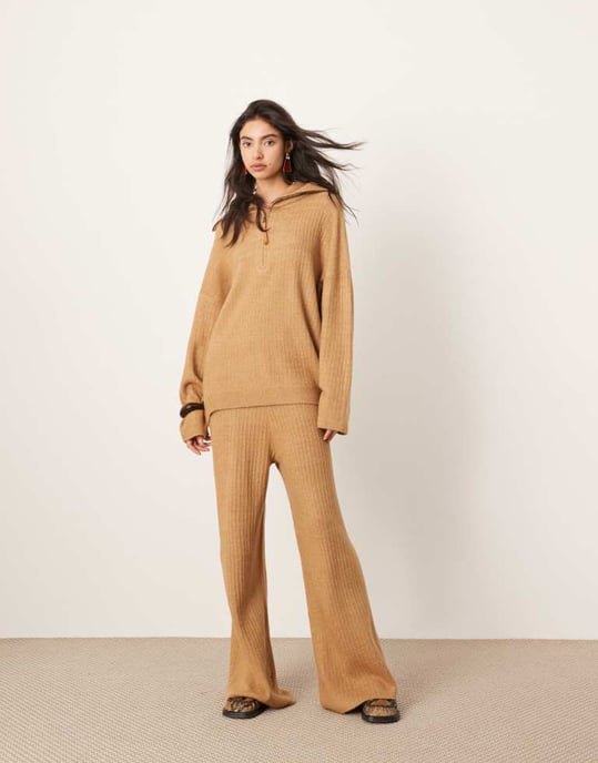 ASOS EDITION knitted rib wide leg trouser co-ord in camel - Image 3
