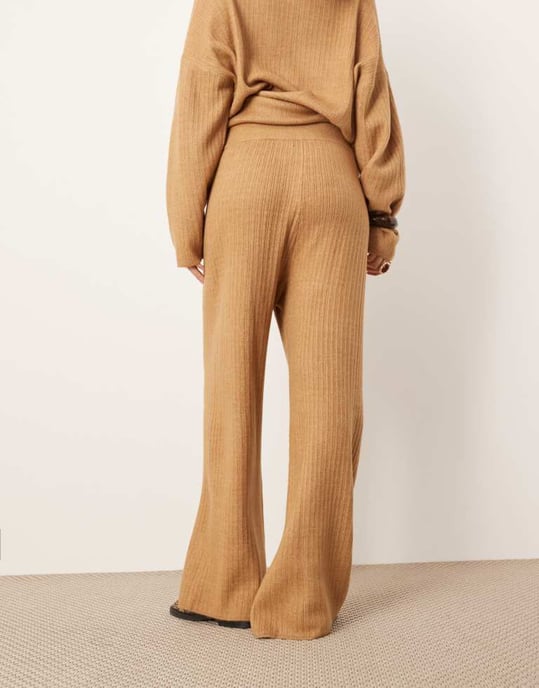 ASOS EDITION knitted rib wide leg trouser co-ord in camel - Image 4