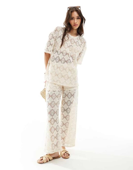 JDY crochet wide leg trouser co-ord with short inscert in stone - Image 1