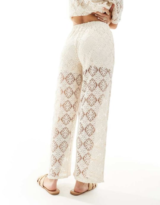 JDY crochet wide leg trouser co-ord with short inscert in stone - Image 2