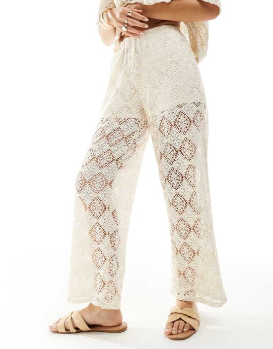 JDY crochet wide leg trouser co-ord with short inscert in stone - Image 3