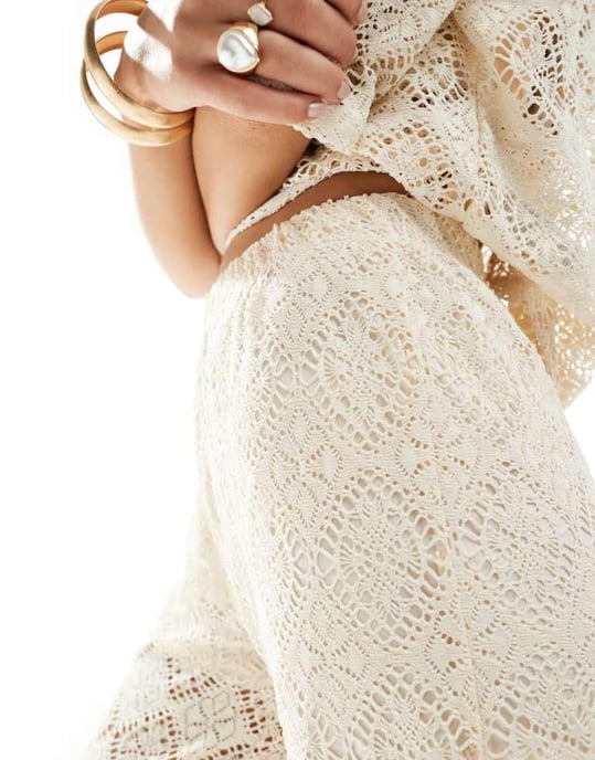 JDY crochet wide leg trouser co-ord with short inscert in stone - Image 4