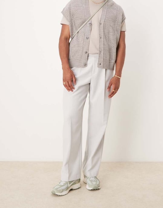 ASOS DESIGN smart wide leg pleated wool mix trousers in light grey herringbone - Image 2