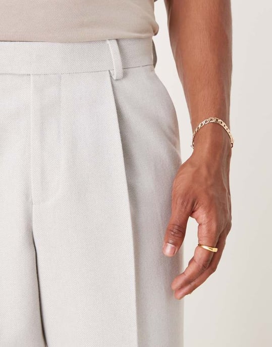 ASOS DESIGN smart wide leg pleated wool mix trousers in light grey herringbone - Image 4