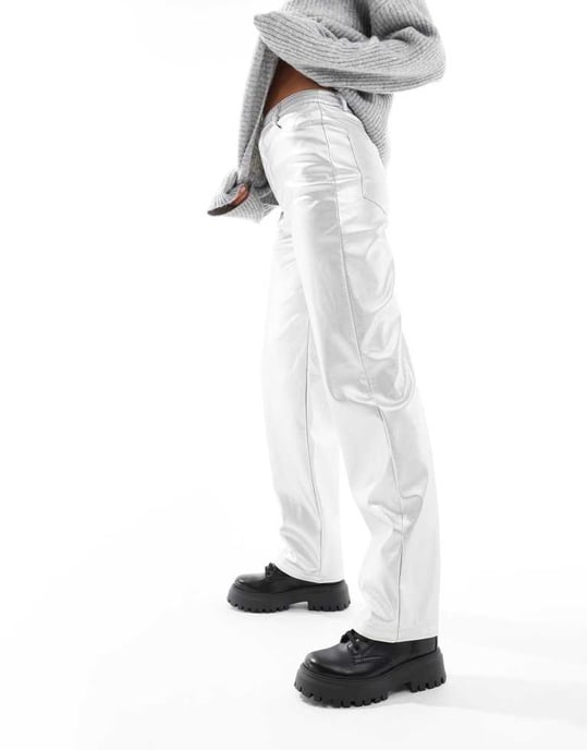 ASOS DESIGN faux leather straight leg trousers in silver - Image 2